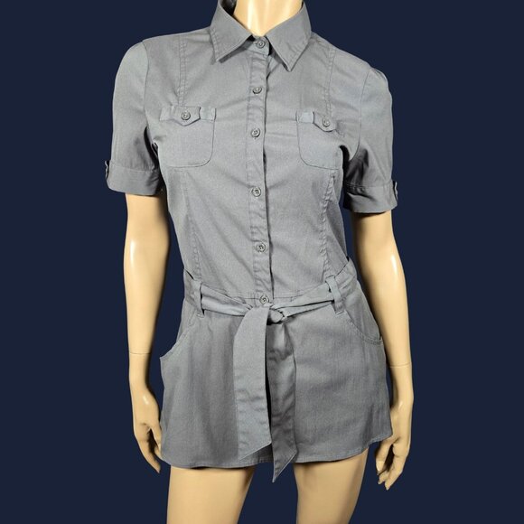 Y2K Belted Button Up Shirt Blouse Size M Grey Fitted Short Sleeve Utility Grunge - Picture 1 of 9